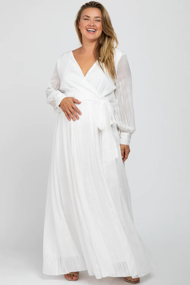 White Metallic Striped Chiffon Maternity Plus Maxi Dress | PinkBlush Maternity