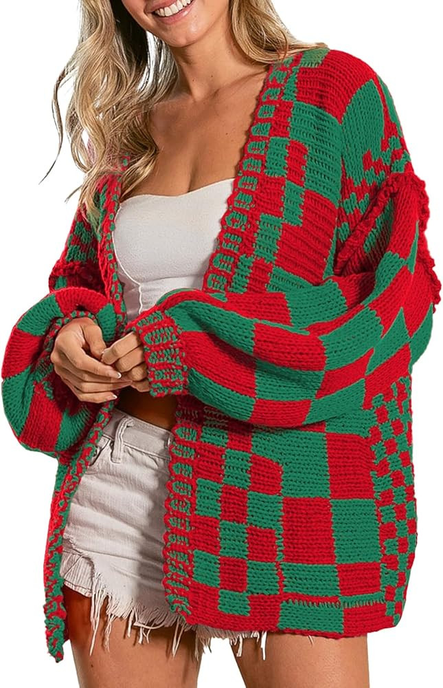 SELINK Women's Cardigan Sweater Vintage Open Front Mixed Checkered Pattern Chunky Knit Plaid Long... | Amazon (US)