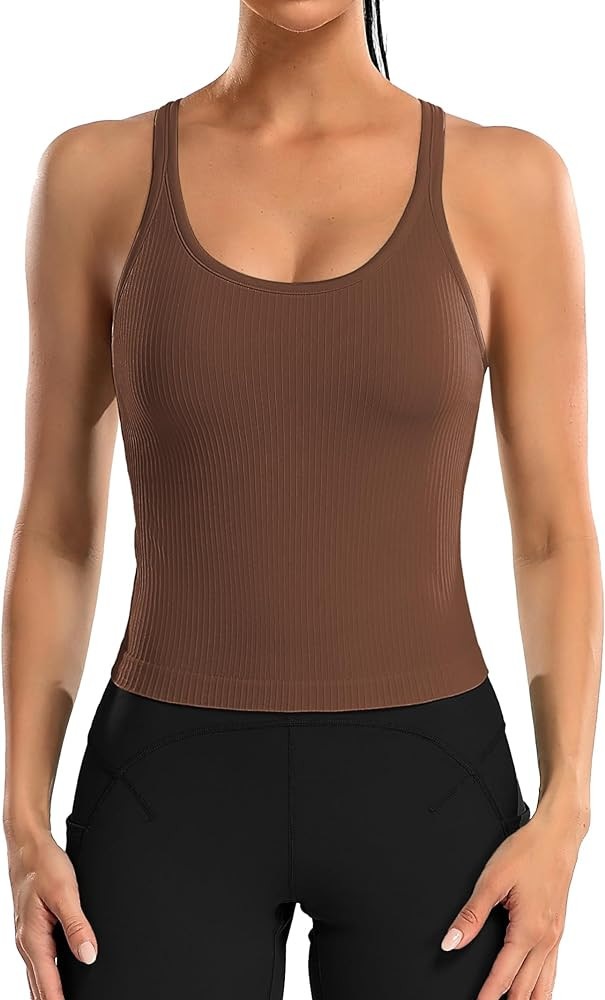 ATTRACO Women Ribbed Workout Crop Tops with Built in Bra Yoga Racerback Tank Top Tight Fit | Amazon (US)
