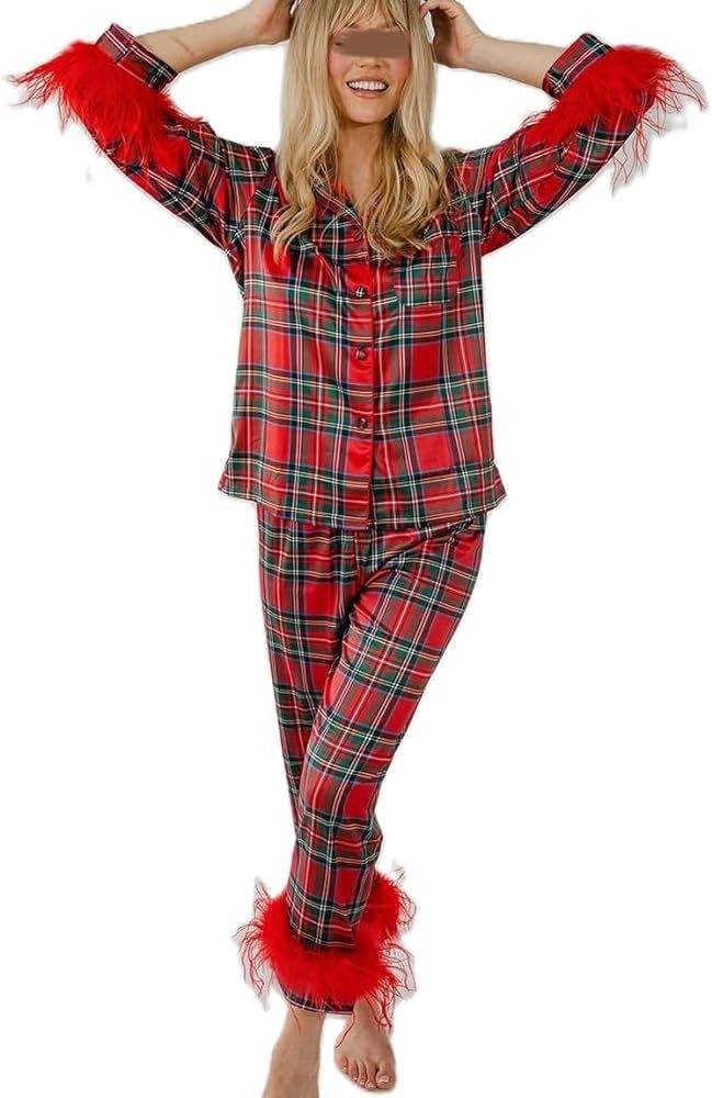 Adoeren Christmas Pajamas Sets for Women Long Sleeve Button Down Fur Trim Shirt Plaid Wide Leg Pa... | Amazon (US)