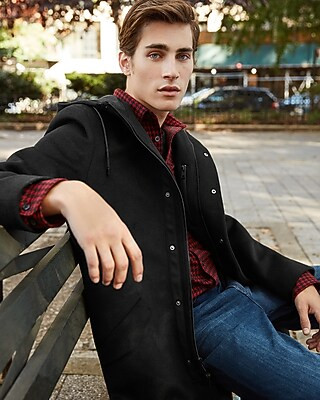 Black Wool-blend Hooded Topcoat | Express