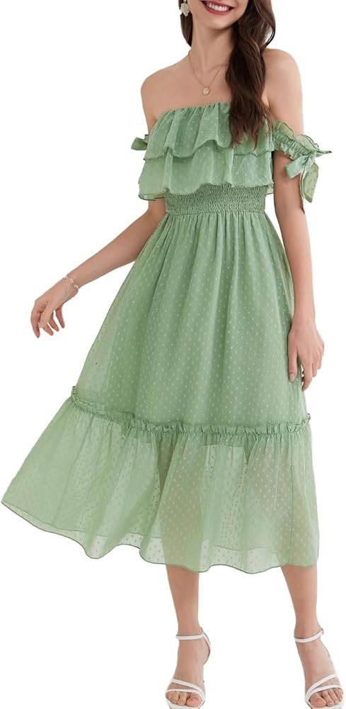 GRACE KARIN 2024 Summer Womens Vacation Dress Strapless Off Shoulder Smocked Chiffon Flowy A Line... | Amazon (US)