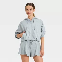 Women's Cropped Bubble Hem Full Zip Sweatshirt - JoyLab™ Heather Gray M | Target