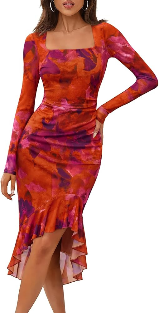 MEROKEETY Women's Long Sleeve Fall Wedding Guest Dress Elegant Classy Bodycon Square Neck Mesh Co... | Amazon (US)