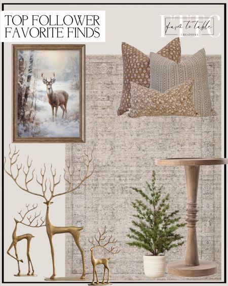 Top Follower Favorite Finds. Follow @farmtotablecreations on Instagram for more inspiration. Faux Spruce Christmas Tree in Ceramic Pot - Hearth & Hand™ with Magnolia. Brass Sculpted Reindeer. Amber Lewis x Loloi Alie Taupe / Dove Area Rug. block print linen pillow combos, camel color/ light brown floral natural linen pillows. Christmas Decor Vintage Christmas Deer Painting Snowy Winter Forest Wall Art Christmas Wall Art Deer Holiday Decor Nature Wall Art Print. STKT Pedestal Small Drinking Table, Farmhouse Tray Top End Table, Distressed Natural Wood Color.

#LTKhome #LTKHoliday #LTKfindsunder50