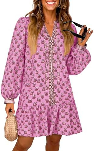 Wenrine Womens Long Sleeve Casual Mini Dress Floral V Neck Ruffle Loose Fall Boho Babydoll Dresse... | Amazon (US)