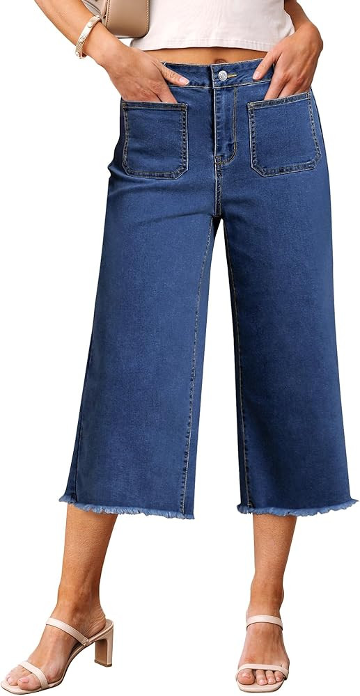 luvamia Capris Jeans for Women Wide Leg High Waisted Trendy Raw Hem Patch Pocket Cropped Stretchy... | Amazon (US)
