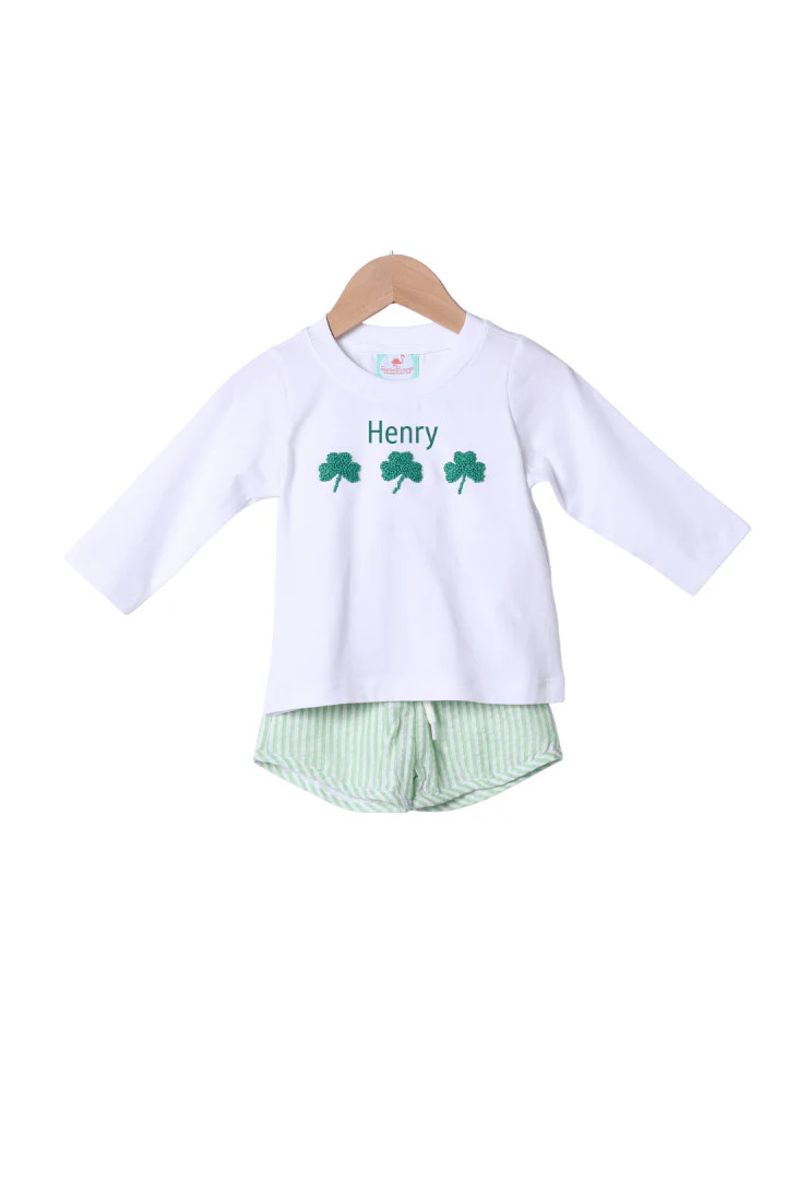 French Knot Lucky Clover Green Seersucker Short Set | The Smocked Flamingo