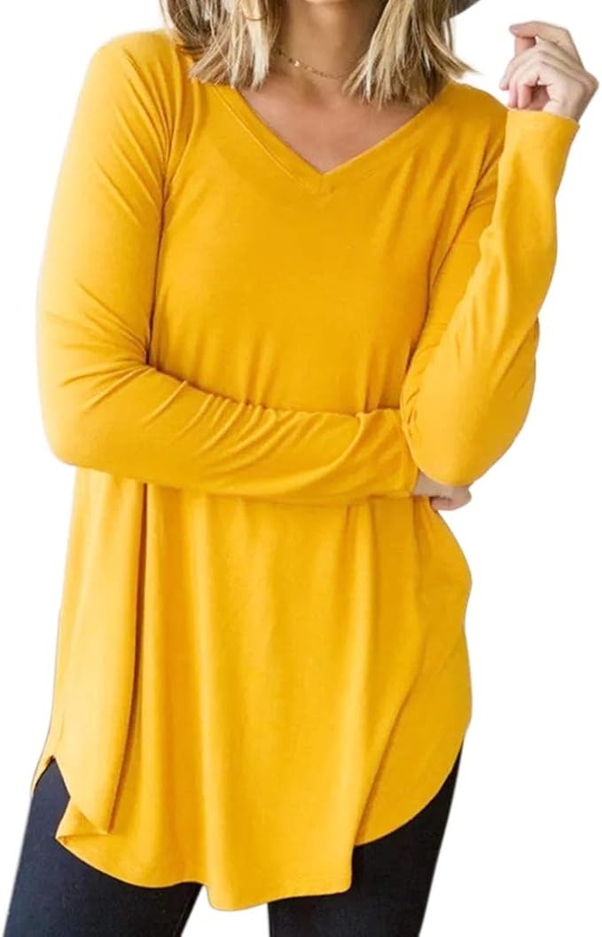 Womens-Jersey Long Sleeve V-Neck Loose-Tops Casual Basic-Shirts Solid Swing-Tunics | Amazon (US)