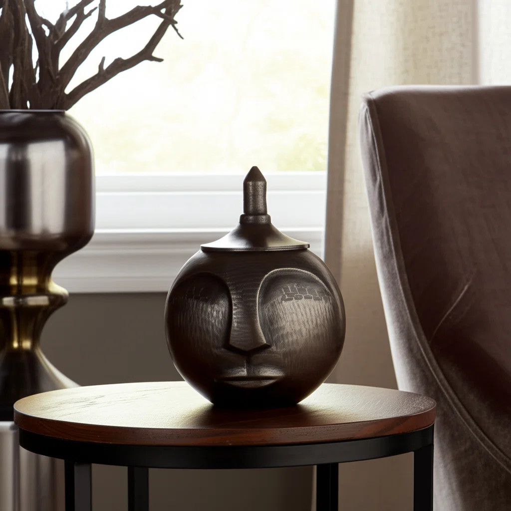 Decorative Jar Metal Aluminum Sculptural Face Design Modern Accent Lid Container Artisan Carved S... | Wayfair North America