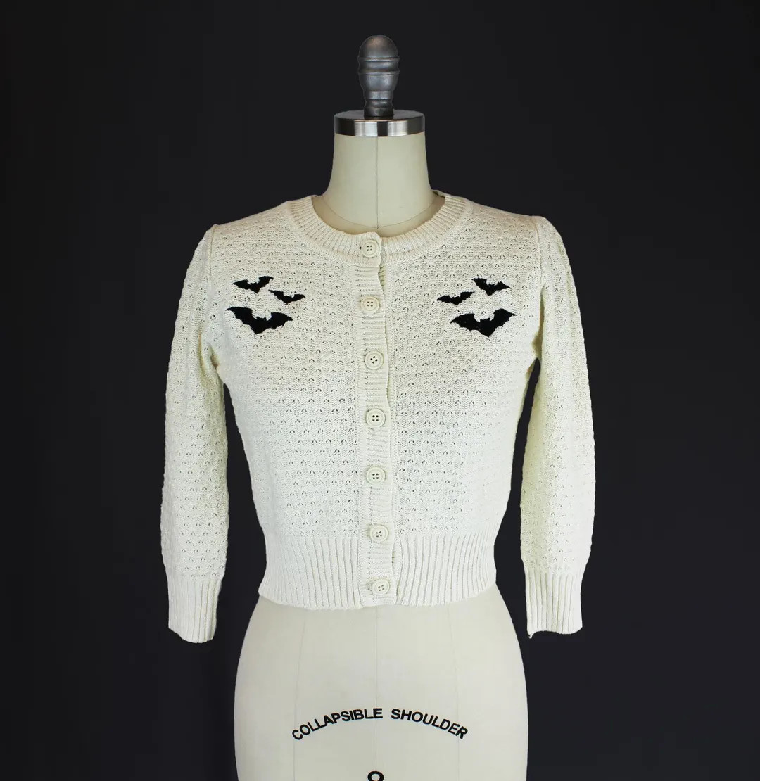 Embroidered Bat Sweater Cardigan - Ivory Pin up Vintage Inspired Button up Sweater - Etsy | Etsy (US)