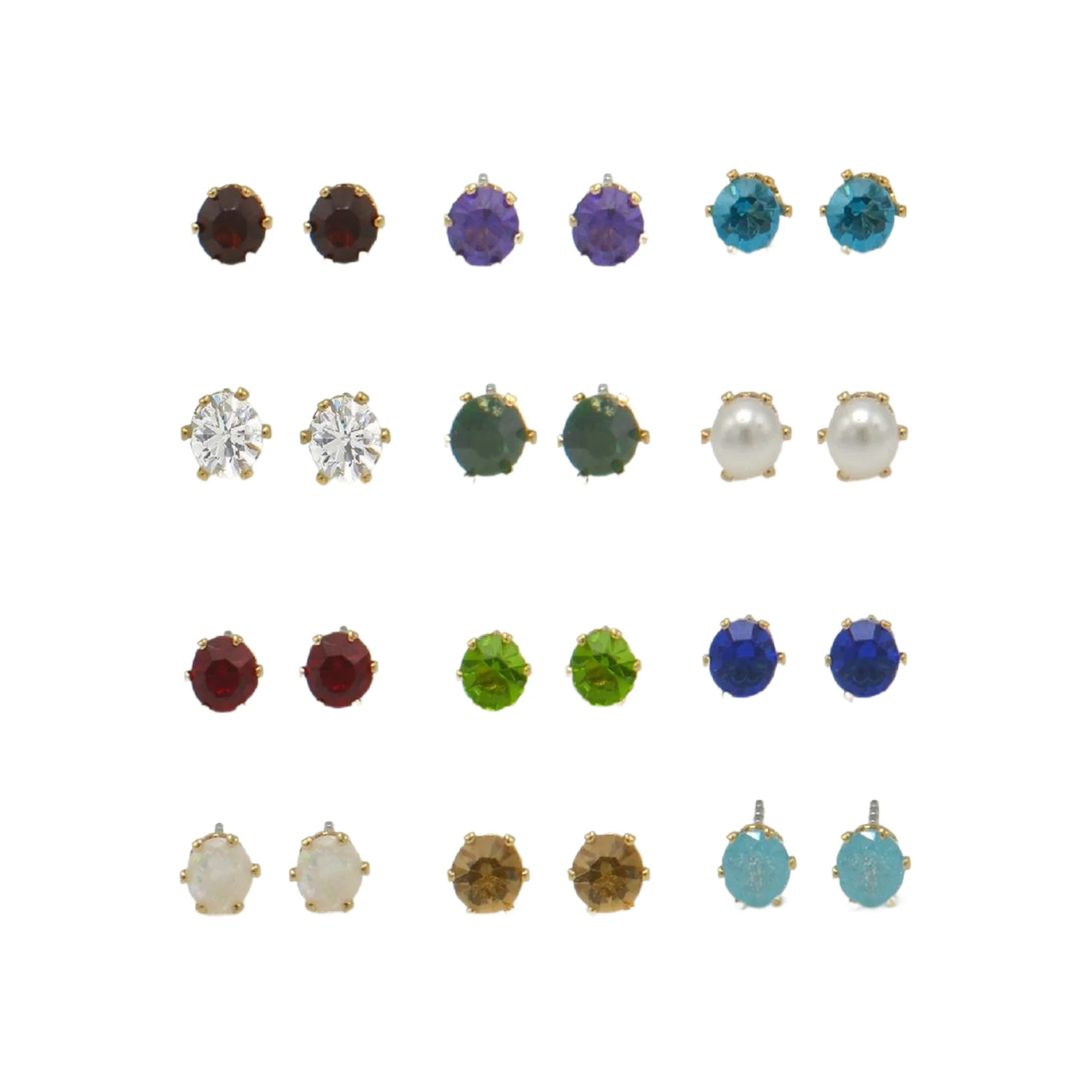 Time and Tru Women's Gold-Tone Imitation Birthstone Stud Earring Set, 12-Piece | Walmart (US)
