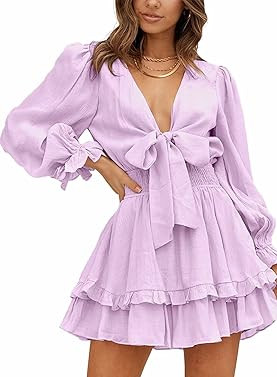 Dokotoo Womens 2022 Spring Deep V Neck Knotted Tiered Chiffon Elegant Mini Short Swing Skater Dre... | Amazon (US)