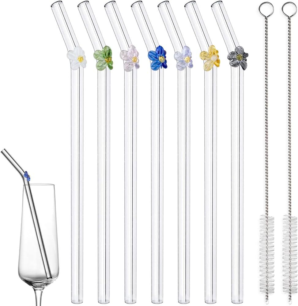 7-Pack Reusable Colored Flower Glass Straws with 2 Cleaning Brushes, Durable Thick Glass Straws, ... | Amazon (US)