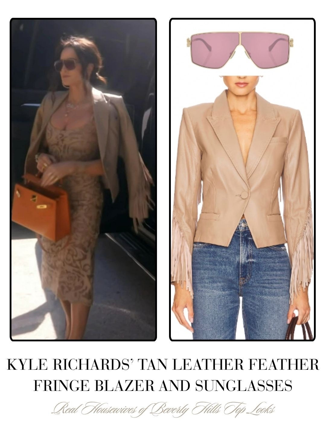 Kyle Richards’ Tan Leather Feather Fringe Blazer and Sunglasses 