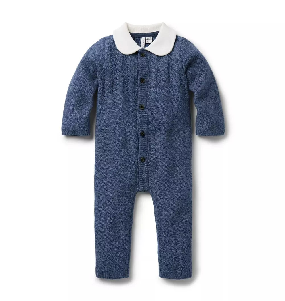 Janie and Jack | Baby Cable Knit Collared One-Piece - Blue / 12-18m | Janie and Jack