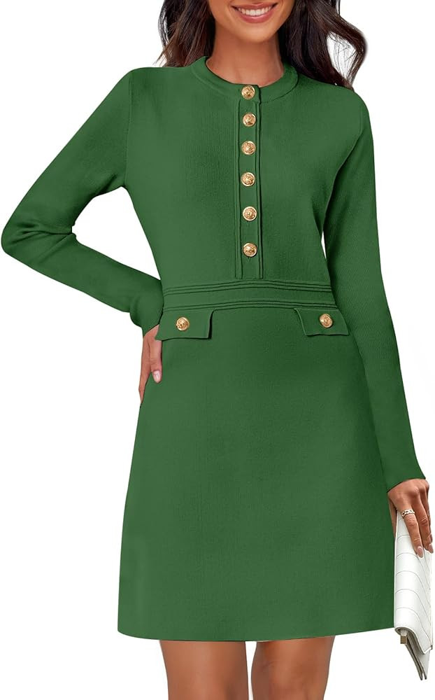 MEROKEETY Women's Long Sleeve Bodycon Sweater Dress Button Crew Neck Elegant Formal Mini Dresses | Amazon (US)