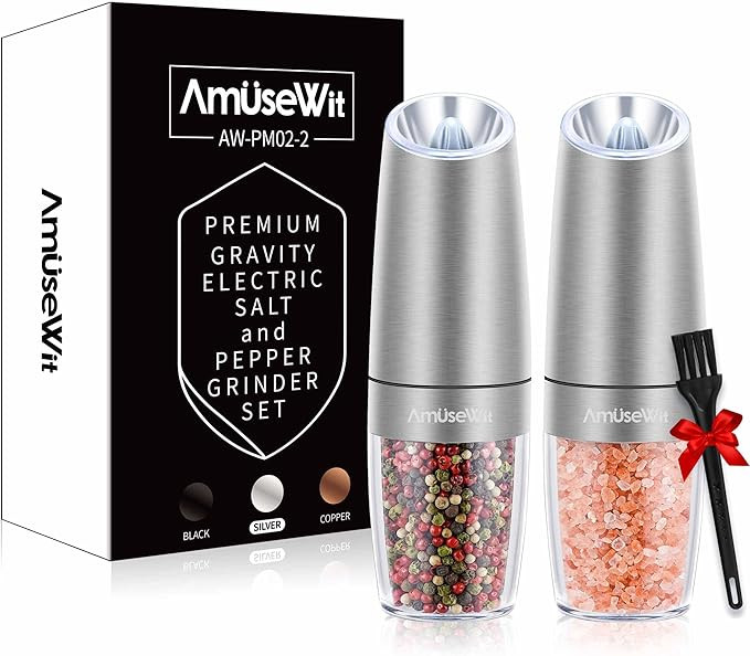 AmuseWit Gravity Electric Salt and Pepper Grinder Set [White Light] - Battery Operated Automatic ... | Amazon (US)