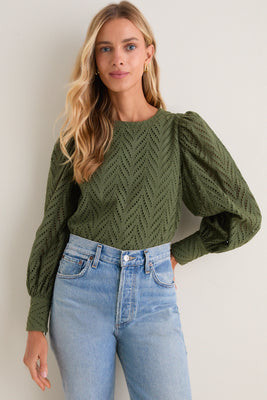 Olive Eyelet Long Sleeve Harriet Blouse | Tuckernuck (US)
