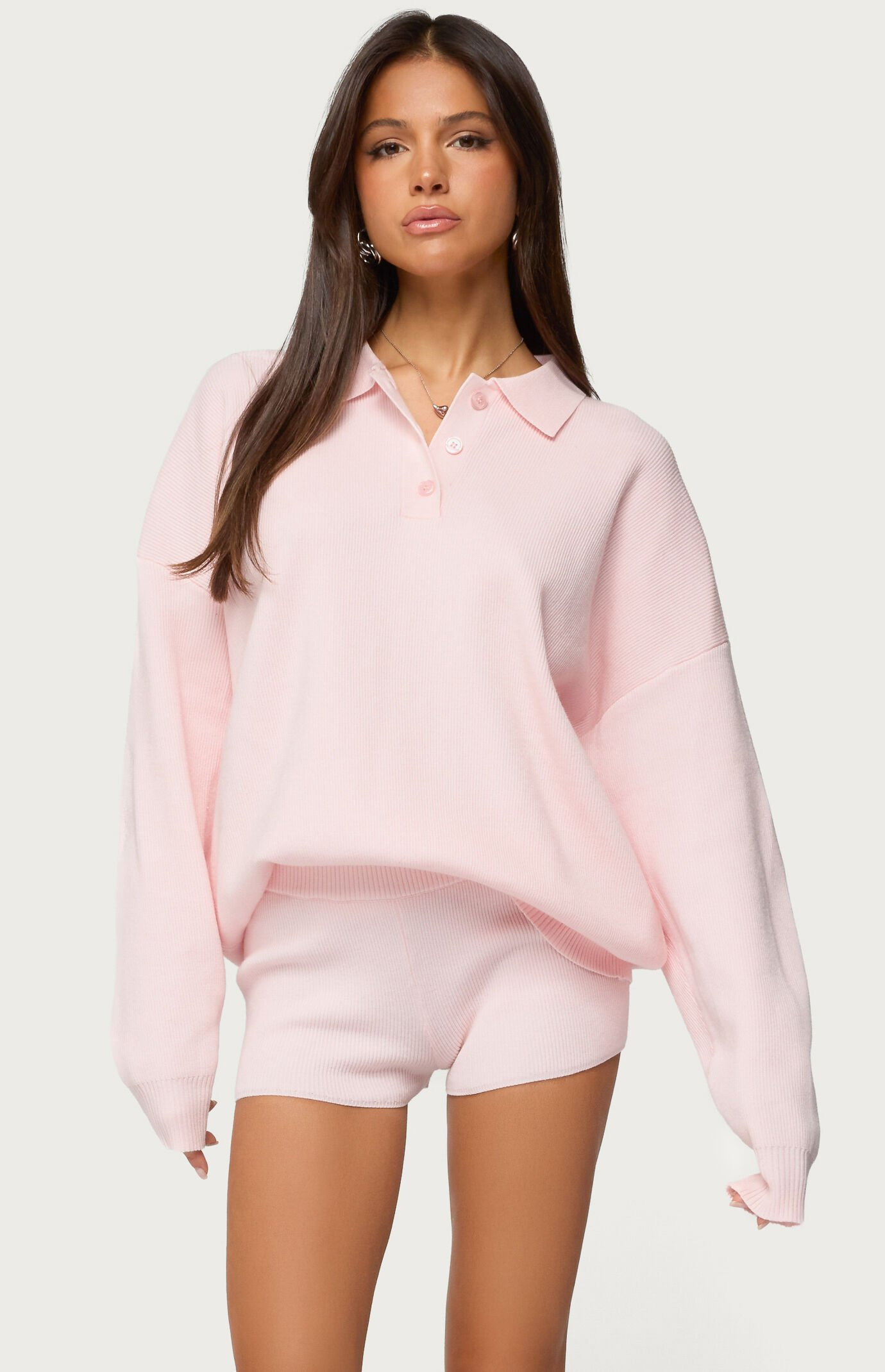 Edikted Women's Lorie Oversized Knit Polo Sweater in Light Pink - Size XL | PacSun