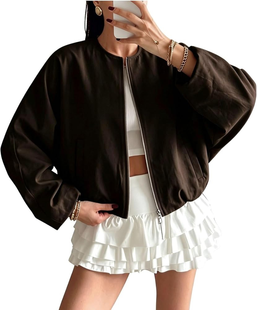 Women Lightweight Bomber Jacket Crop Collarless Oversized Coat | Amazon (US)