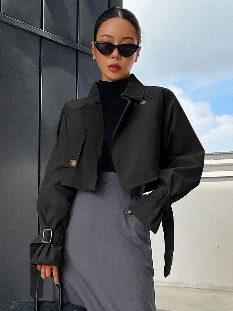 DAZY Buckle Raglan Sleeve Epaulettes Design Crop Trench Coat,Fall Clothes Women Jacket | SHEIN
