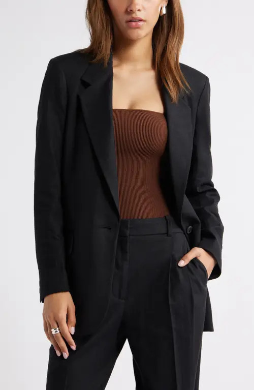 Open Edit Everyday One-Button Linen Blend Blazer in Black at Nordstrom, Size Xx-Small | Nordstrom