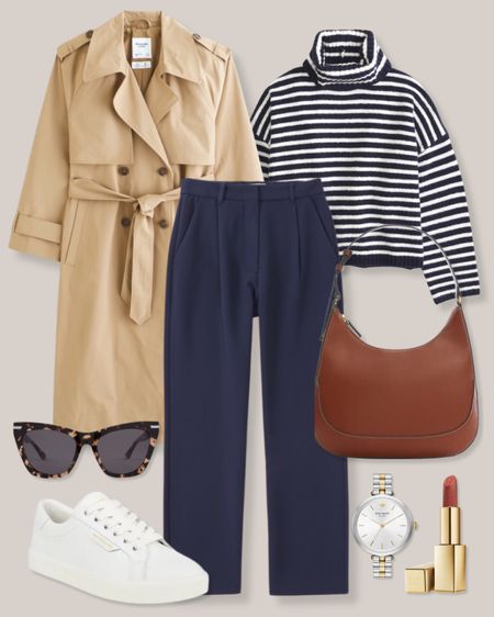 Classic trench coat
Navy striped sweater
Navy pants
Brown hobo bag
Brown handbag
Tortoise sunglasses
White sneakers
Sam Edelman Ethyl sneakers
Silver and gold watch
Pink lipstick
Abercrombie outfit
Smart casual outfit
Business casual outfit
Winter work outfit

#LTKSeasonal #LTKstyletip #LTKworkwear