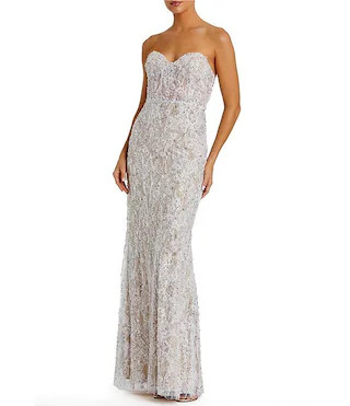 Embellished Applique Strapless Bustier Long Gown | Dillard's