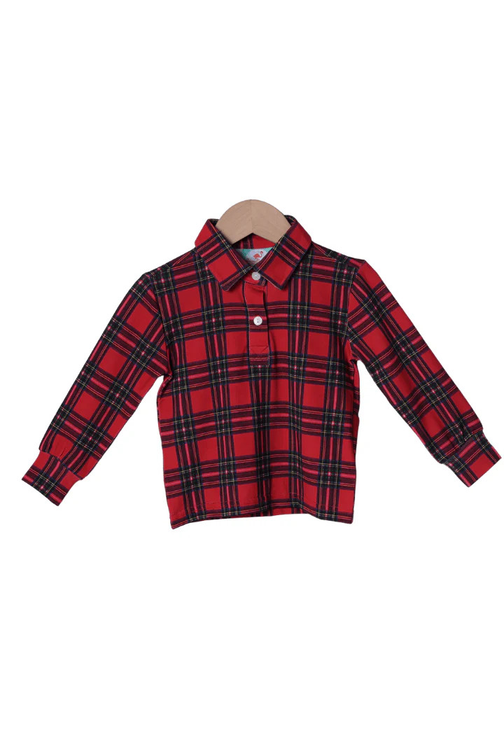 Christmas Tartan Plaid Button Polo Shirt | The Smocked Flamingo