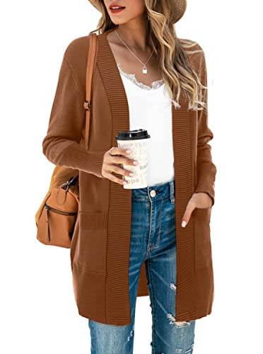 SUEANI Women Open Front Cardigan Sweaters Pockets Long Sleeve Shrugs(Small, Brown) | Amazon (US)