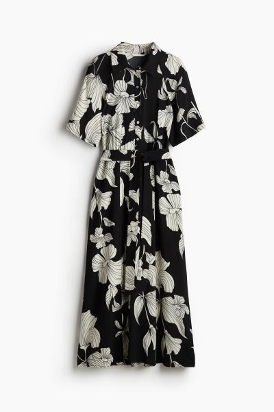 Tie-belt Shirt Dress - Short sleeve - Midi - Blue/patterned - Ladies | H&M US | H&M (US + CA)