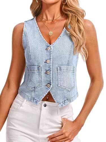 Denim Vest V Neck Jean Vest Tops for Women Sleeveless Button Down Denim Cropped with Pockets Casu... | Amazon (US)