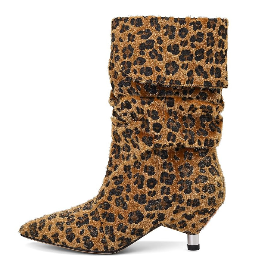 Womens leopard Boots Slouchy Mid Calf Wide Boots For Women Kitten Heel with Pointed Toe Pull On B... | Amazon (US)