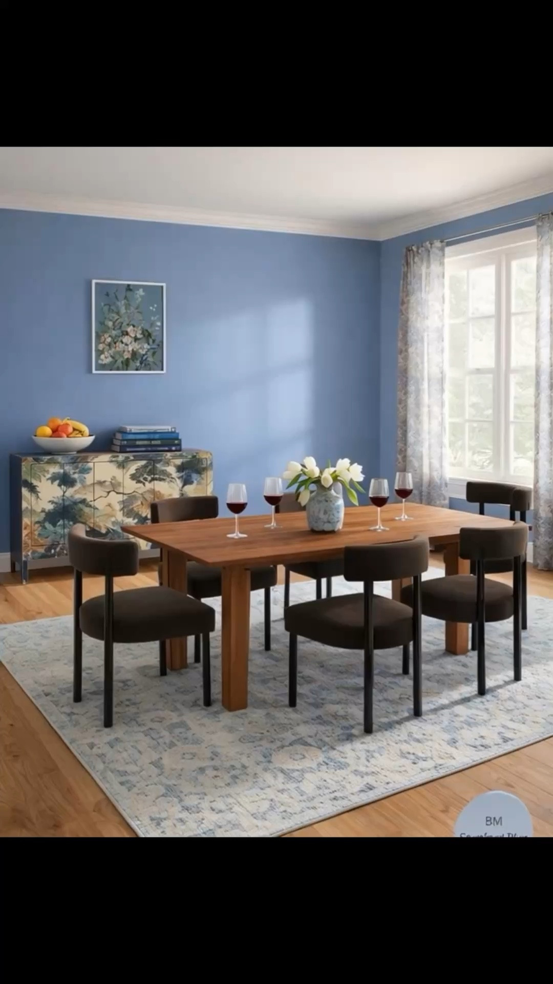 Beautiful Spring dining room design! I love this dining table from Wayfair, upholstered velvet chairs (there are different colors), beautiful sideboard from Anthropologie, floral curtains, vintage blue rug, FLW placemats and green dining set. #homedecor #diningroom 

#LTKFamily #LTKHome #LTKSeasonal