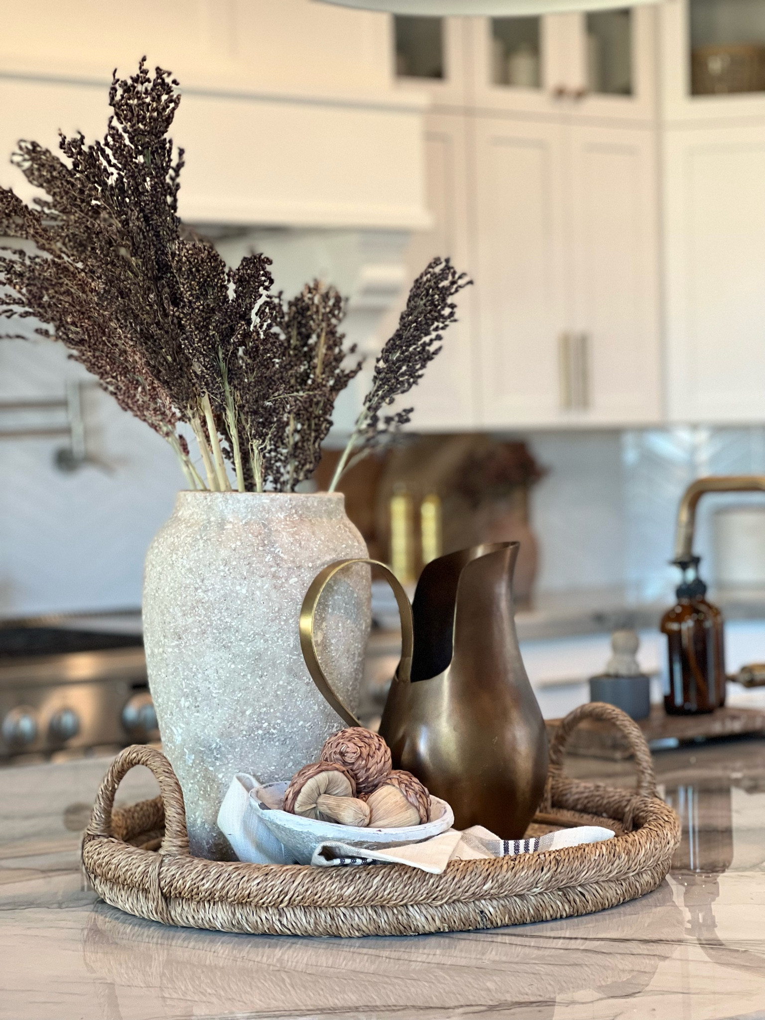 Kitchen counter style.. woven tray. Pitcher. Mushrooms. Target decor. Vase. Home vase. Decor. Kitchen decor. Kitchen island decor  

#LTKhome