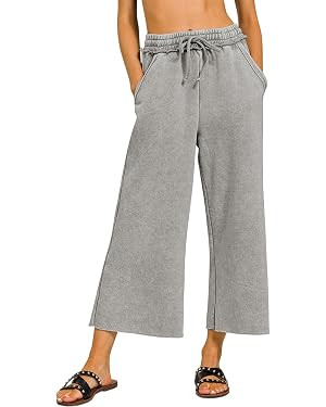 Womens Casual Wide Leg Pants High Waist Drawstring Crop Acid Wash Sweatpants Lounge Palazzo Pants... | Amazon (US)