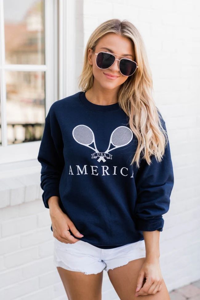 American Tennis Graphic Navy Sweatshirt | The Pink Lily Boutique