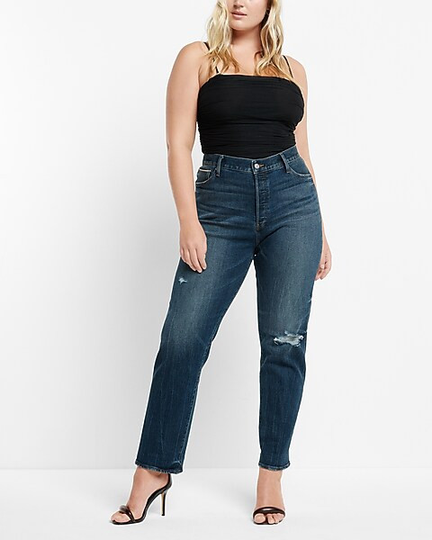 High Waisted Dark Wash Selvedge Straight Ankle Jeans | Express
