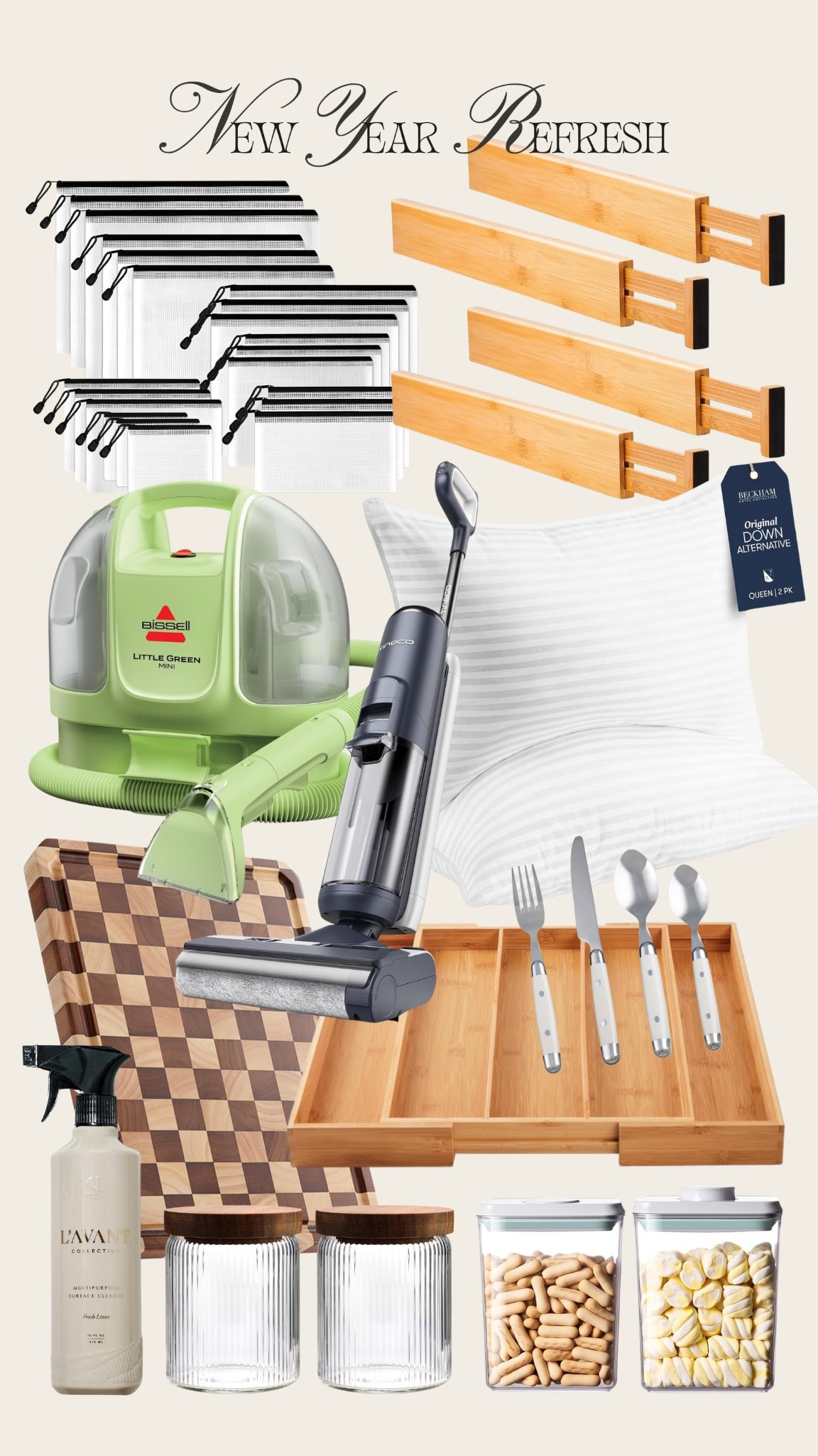 Amazing cleaning favorites + things I like to refresh in the new year. Swap old pillows, new flatware of any is missing or broken, new cutting board, zip bags for kids toys and puzzles, drawer organizers, couch and carpet cleaner, and my favorite floor
Cleaner I use on our real Wood floors! 

#organize #clean #mopvac #amazonhome #organization #newyear #refresh 

#LTKHome