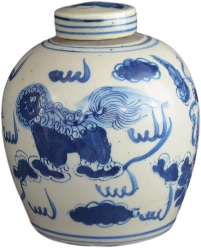 Retro Antique Like Style Blue and White Porcelain Lion Dancing Ceramic Covered Jar Vase, China Mi... | Amazon (US)