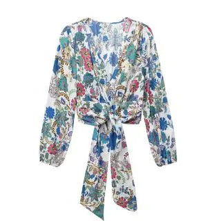 Long-Sleeve Floral Print Wrap Crop Top | YesStyle Global