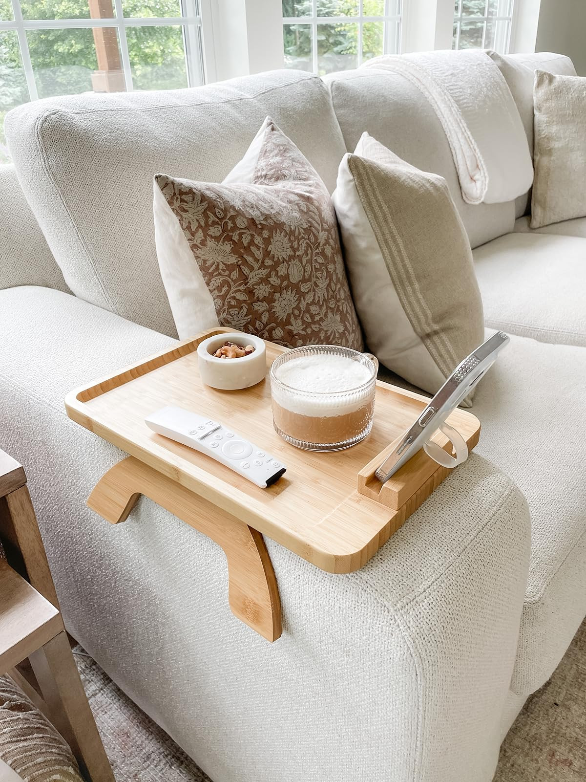 SINWANT Bamboo Sofa Clip on Side Table for Wide Couches Arm, Foldable Couch Tray with 360° Rotat... | Amazon (US)