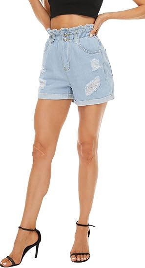 Plaid&Plain Women's High Waisted Denim Shorts Rolled Blue Jean Shorts | Amazon (US)