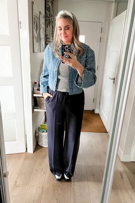 Ootd - Friday. Navy blue crepe wide leg trousers paired with a grey wool sweater (old) and cropped sparkly denim jacket and silver loafers (Zara). 



#LTKstyletip #LTKMostLoved #LTKeurope