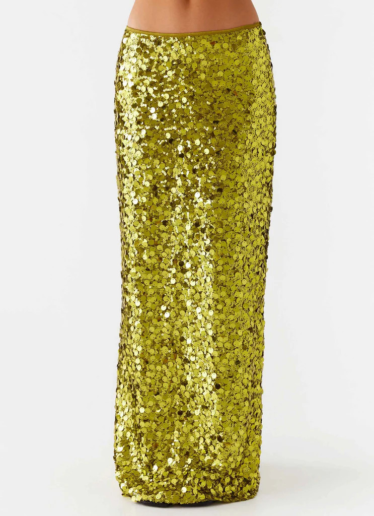 Perfect Places Low Rise Sequin Maxi Skirt - Olive | Peppermayo (Global)