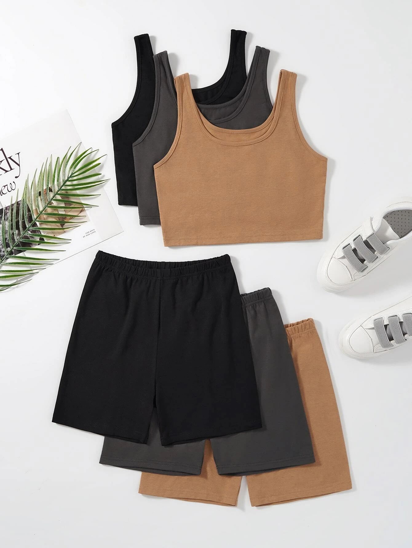 Plus 3sets Solid Tank Top & Shorts | SHEIN