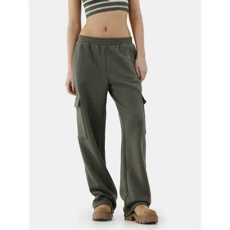 No Boundaries Fleece Wide Leg Cargo Pants, Women’s | Walmart (US)