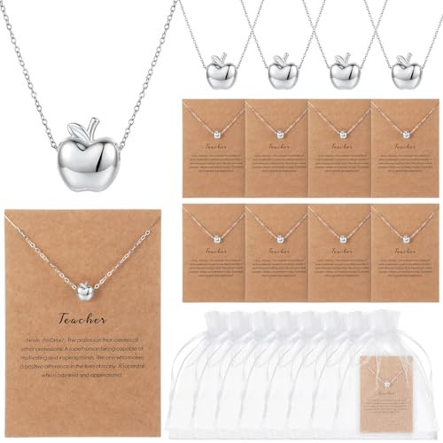 Hinly 20 Sets Teacher Appreciation Gifts for Women Bulk Silver Apple Necklace Dainty Thank You Gifts Teacher Appreciation Week Graduation Party Favors with Card and Organza Bags(Silver) | Amazon (US)