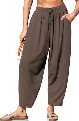 TARSE Womens Linen Wide Leg Pants Casual Loose Drawstring Summer Beach Palazzo Harem Pants with Pockets 2025(Coffee,M) | Amazon (US)
